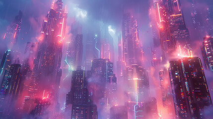 A futuristic cityscape rendered in abstract form, with towering skyscrapers and neon lights creating a vibrant and dynamic urban landscape that pulsates with life and energy. 