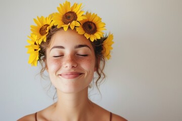 Woman with sunflowers in her hair portrait smiling plant. - obrazy, fototapety, plakaty