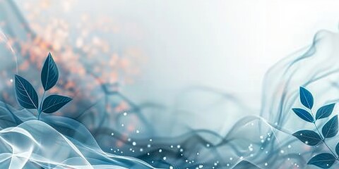 A blue and white background with leaves and a blue leaf