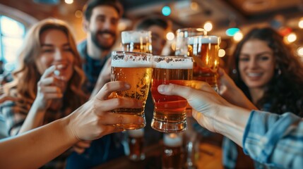 Cheerful group of friends toasting with beer pints in a lively bar with warm lighting. - Powered by Adobe