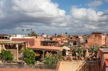 Fototapeta na wymiar A panoramic view over the fortified ancient city of Marrakech, Morocco in the late afternoon sun.