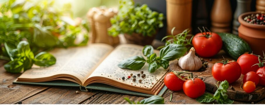 A rustic kitchen setting with a wooden cutting board, vegetables, and a recipe book open, symbolizing cooking education, space for text