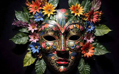  The picture is of a giant mask made of flowers and leaves. The mask is brightly colored and has a detailed pattern. The background of the picture is black