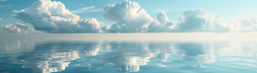 A symbolic representation of a calm pond surface, reflecting clouds above, minimalist style, space for relaxation techniques text