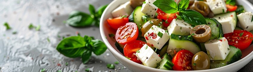 Clean, bright depiction of a Mediterranean salad with feta, olives, and cucumbers, minimalist background, text space