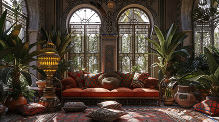 A Moroccan-inspired oasis, with intricately patterned tiles, vibrant textiles, and ornate lanterns...