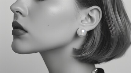 Close-up black and white image of a woman's profile, highlighting her pearl earring.