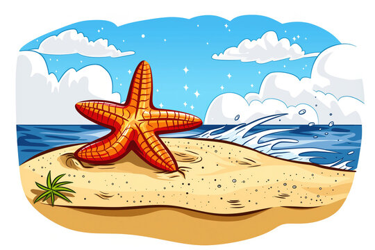Starfish on sand near the ocean, blue sky. Tourism, travelling concept