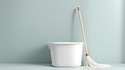 A white bucket with a mop leaning on it