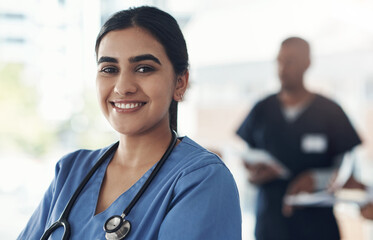 Portrait, surgeon and happy woman in hospital for healthcare career, wellness or service. Face,...