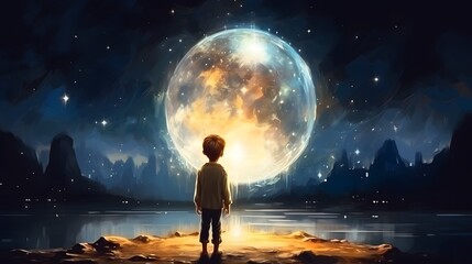 A boy stands by a serene lake, captivated by the immense, glowing moon rising above the tranquil nighttime landscape, Digital art style, illustration painting.