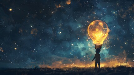 Naklejka premium A silhouette of a child stands before a massive, illuminated lightbulb in an ethereal, starry field, evoking a sense of wonder and imagination, Digital art style, illustration painting.