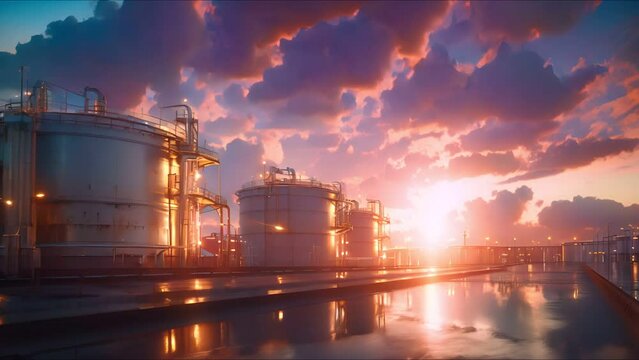Modern LNG storage in vast industrial complex, giant tank for natural gas