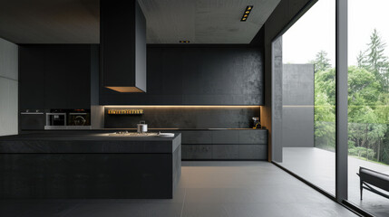 Stylish modern kitchen interior in black and with large glass windows and doors