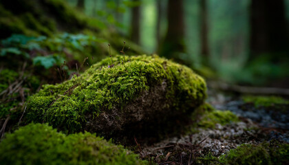 Obraz premium Close-up of stone covered with green moss in woodland. Beautiful forest.