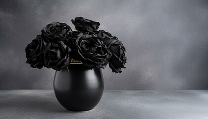 A shiny black vase with black flowers on a grey background. A dark bouquet or flower arrangement.