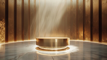 A lavish event setup featuring a realistic luxury gold 3D cylinder pedestal podium, radiating...