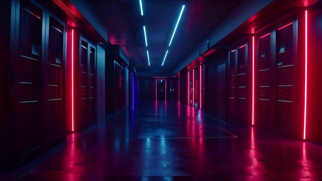 Modern data center with server racks in dark room