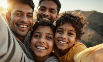 Fototapeta premium portrait of happy family of hikers taking selfie photo on top of mountain, travelers with backpack smiling together at camera, influential travel blogger streaming using smart mobile phone
