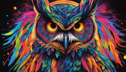  Colorful psychedelic neon painting of an owl, black background