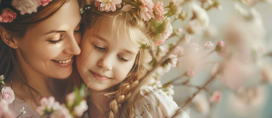 Obraz premium Mom and daughter close-up against a background of flowering trees. Banner, place for text