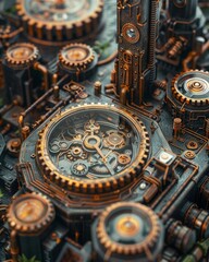 Brass gears and steam in a steampunk landscape, the clash of past and future