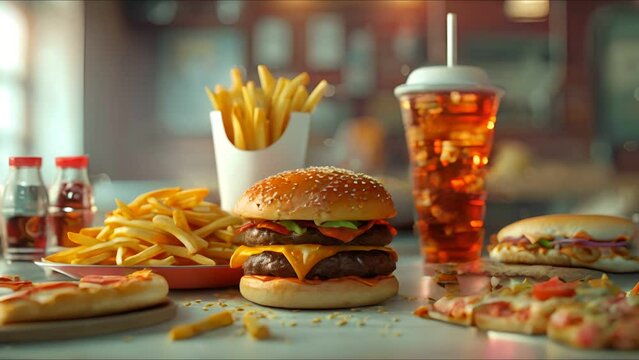 Grabandgo fast food set featuring hamburger, fries, pizza, and soda