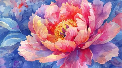 Vibrant and engaging wallpaper featuring a hand drawn watercolor portrait of a peony, showcasing the flower in bright and inviting image