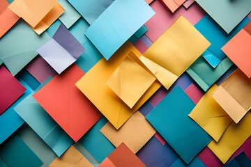 Fototapeta premium Contemporary abstract design featuring stacked colored paper squares forming geometric pattern. Concept Abstract Art, Colorful Design, Geometric Shapes, Contemporary Style, Paper Art