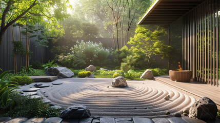 A serene Zen garden, meticulously rendered on canvas, instilling tranquility into a contemporary...