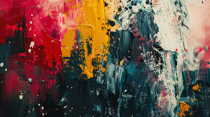 Bold brushstrokes of paint splattered across the canvas, forming an abstract expressionist masterpiece that bursts with raw emotion and energy. 