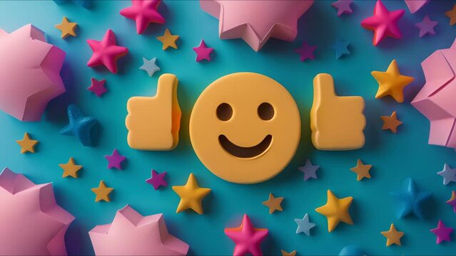 Happy face surrounded by thumbsup and stars, customer satisfaction theme