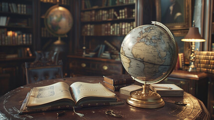 A steampunk-themed study with brass gears and leather-bound books, where an antique globe spins as...