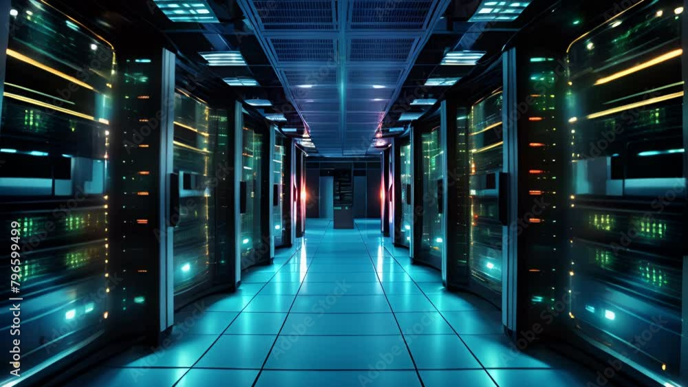 Poster symmetrical view of a futuristic data center corridor lined with glowing server racks and cool blue 