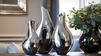 Silver chrome accent vases, interior, luxus, 16:9