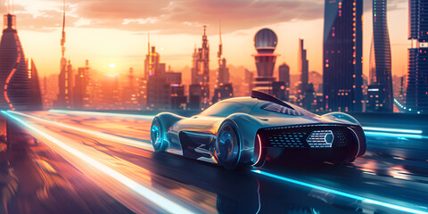 Image of a futuristic car against the backdrop of the city of the future Concept of the car