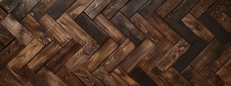 Elegant luxurious dark brown parquet laminate vinyl floor with herringbone pattern, flooring rustic oak wooden  - wood timber panel decor texture flooring wall background, top view
