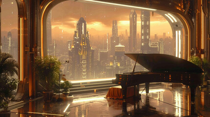 A surreal cityscape at dawn, reflected in the polished surface of a grand piano, gracing an opulent...