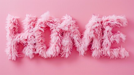 pink fluffy text "HOME" on a pastel pink background