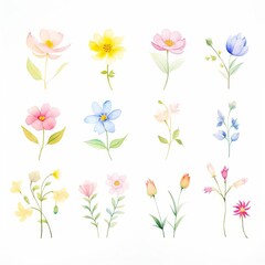 A charming depiction of a series of different flowers, each in full bloom, illustrated in watercolor clipart style, vibrant and inviting, isolated gracefully on a white background