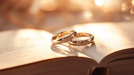 illustration of closeup of golden wedding rings placed on top an open book on blurred background.