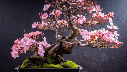 ai generative of Bonsai trees that look like living cherry blossoms, with huge trunks, amazing vases