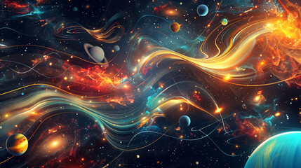 Celestial bodies swirling amidst wavy galaxies, a cosmic tribute to 70s space exploration.