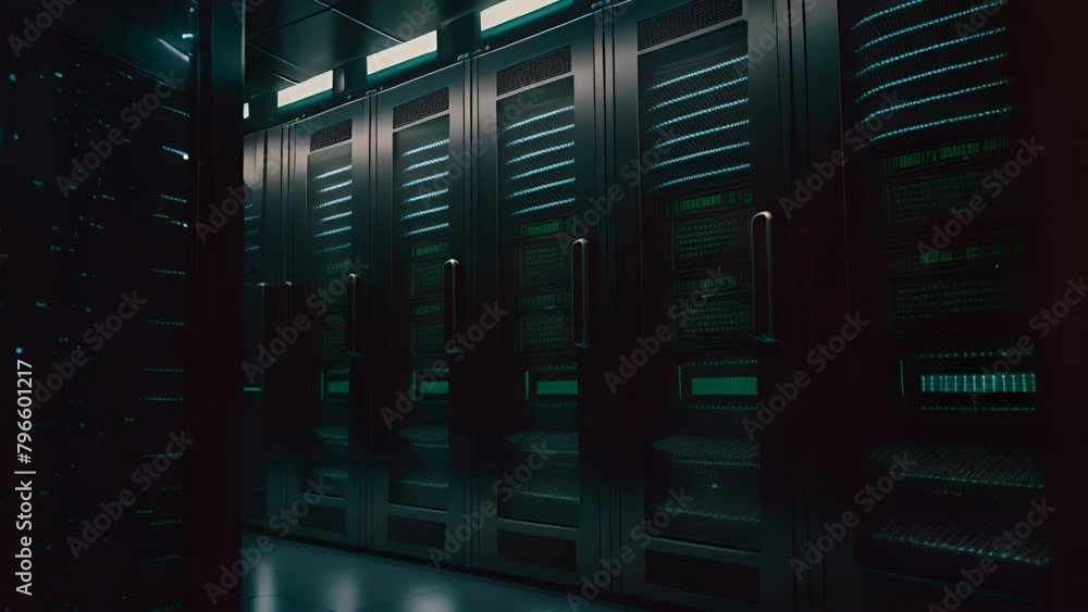 Poster high-tech data center server room illuminated by blue led lights, symbolizing advanced network infra