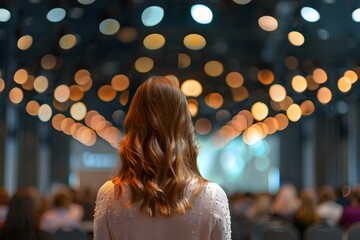 Professional woman delivering a presentation to an audience in a conference hall. Concept Businesswoman, Presentation Skills, Conference Setting, Public Speaking, Professional Attire