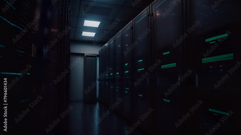 Poster A sleek data center aisle illuminated by interactive screens on server cabinets showing real-time data analytics