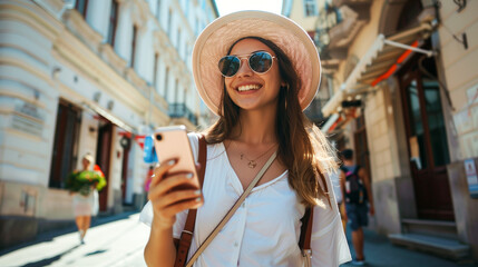 A smiling tourist in a sun hat and sun glasses is holding a phone in her hand. Summer day, background of an old European city