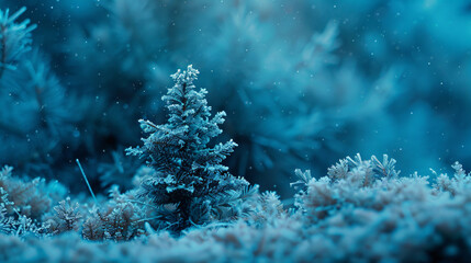 A mysterious fabulous photo in blue a small conifer  - obrazy, fototapety, plakaty