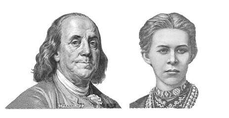 Benjamin Franklin cut on new 100 dollars banknote and Lesia Ukrayinka cut on 200 Ukrainian hryvnia...