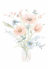 Single object clipart of a delightful bouquet of cute, ornamental flowers, each bloom intricately detailed and vividly colored, rendered in a vibrant watercolor style, white background